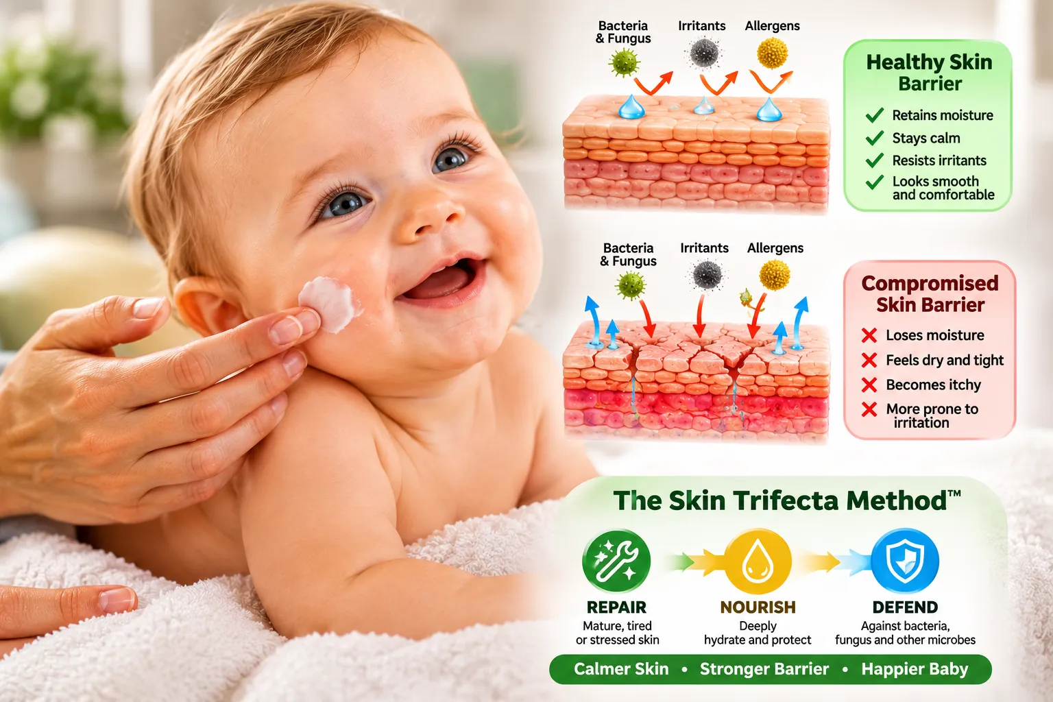 Baby touching neck for parent guide about neck scratching, dry itchy skin, heat, sweat, drool and irritation