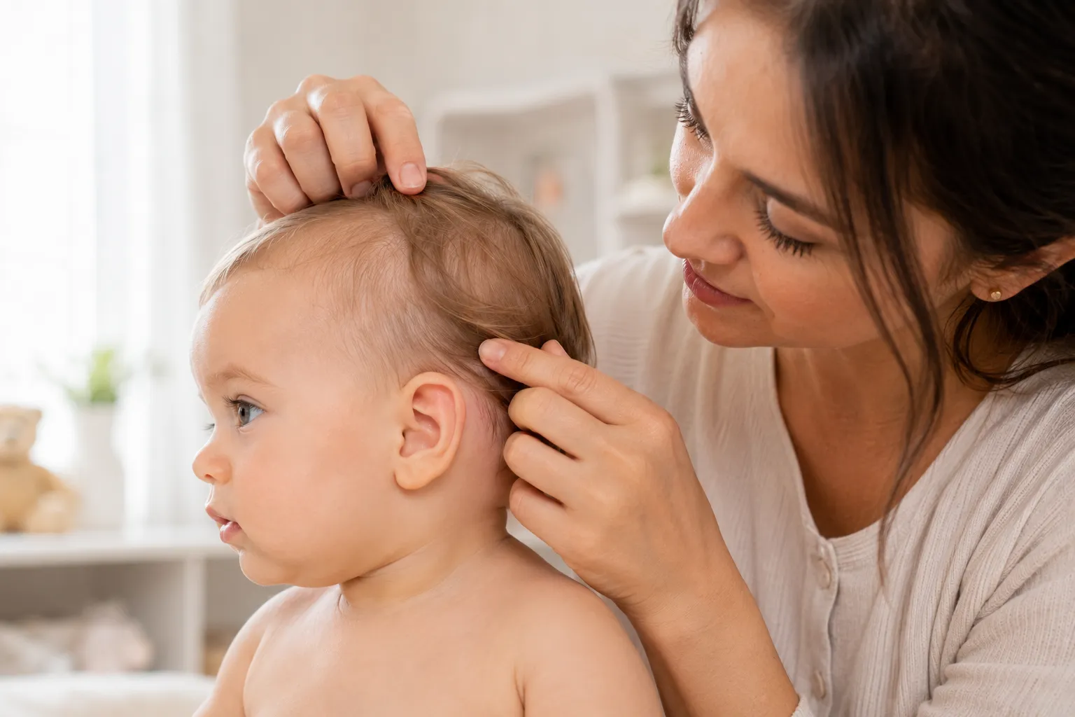 Baby with parent for guide about dry skin behind baby's ears, flaking, itching and gentle skincare