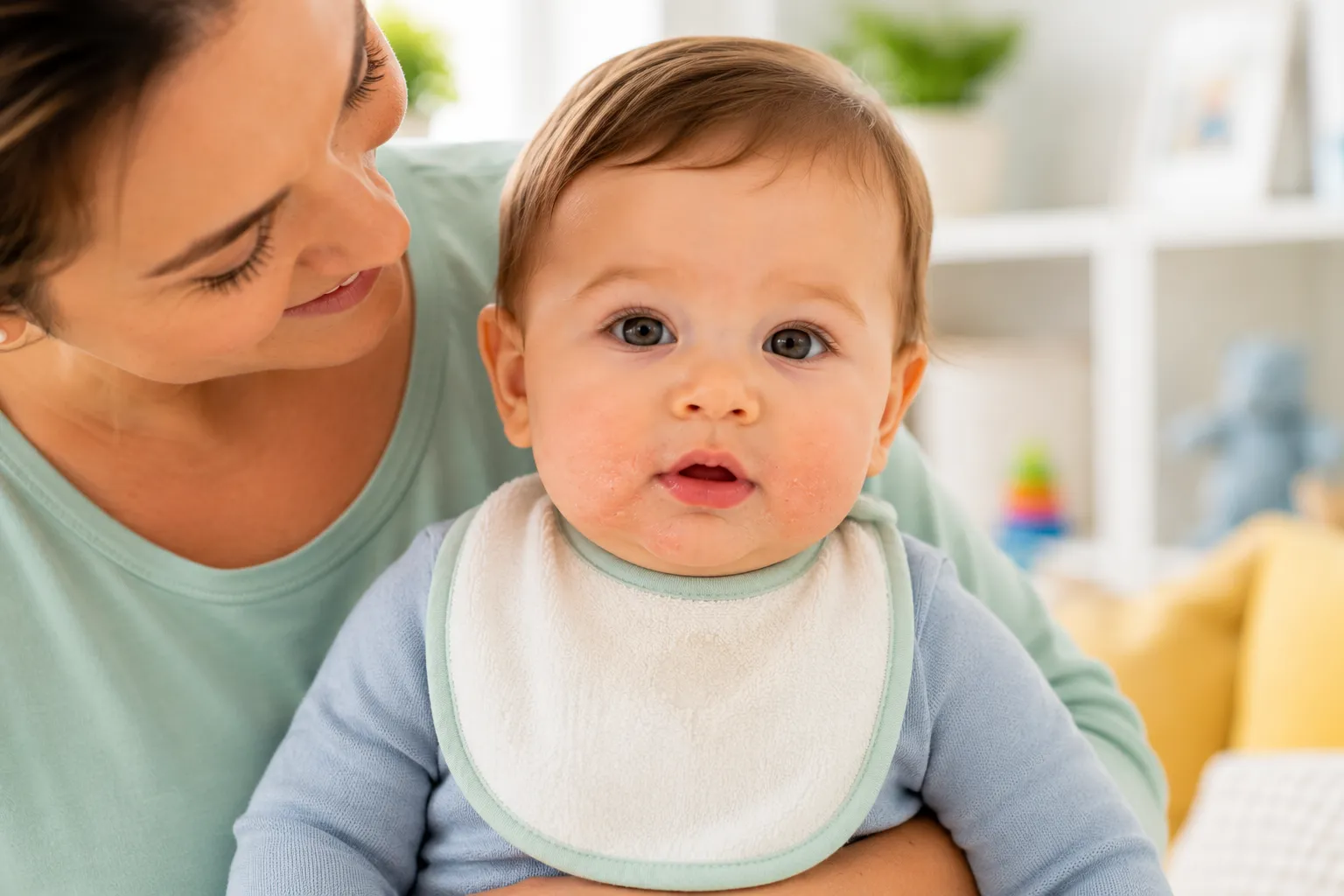 Baby with parent for guide about dry skin around baby's mouth, drool, irritation and gentle skincare