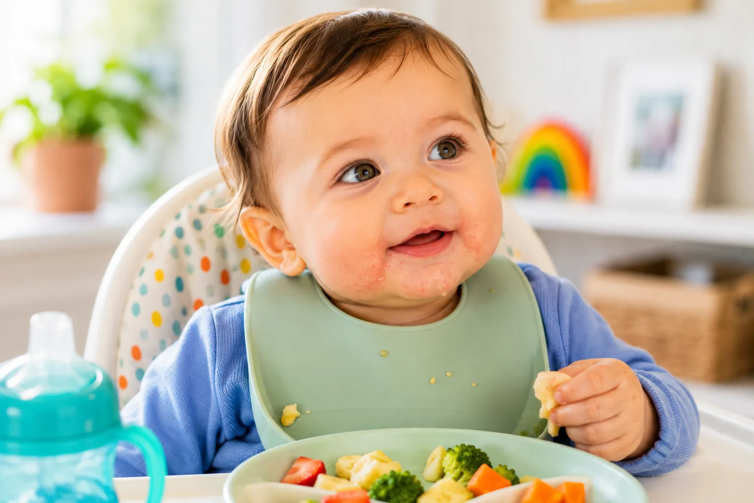 Baby with red dry chin for parent guide about drool, food contact, irritation and gentle skincare