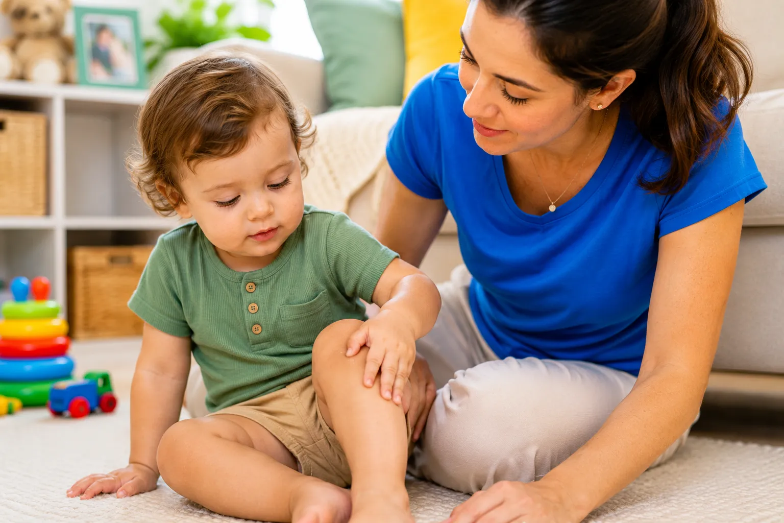 Baby with dry itchy skin behind the knees for parent guide about skin folds, friction, heat and gentle care