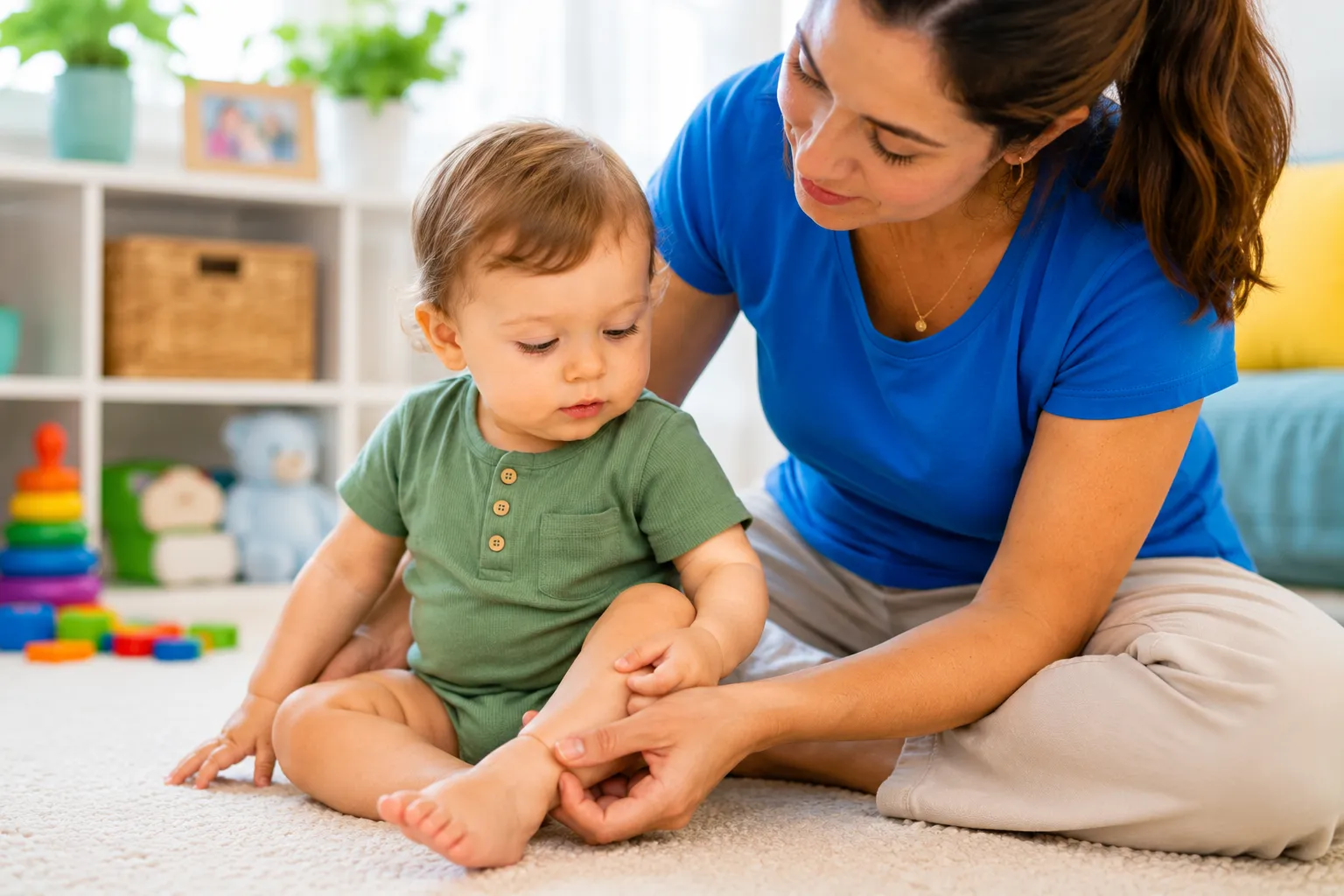 Baby with dry itchy skin around the wrists and ankles for parent guide about friction, clothing, heat and gentle skin care