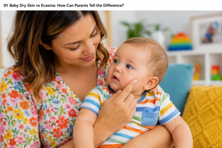 Parent examining baby's dry skin while learning the difference between baby dry skin and eczema