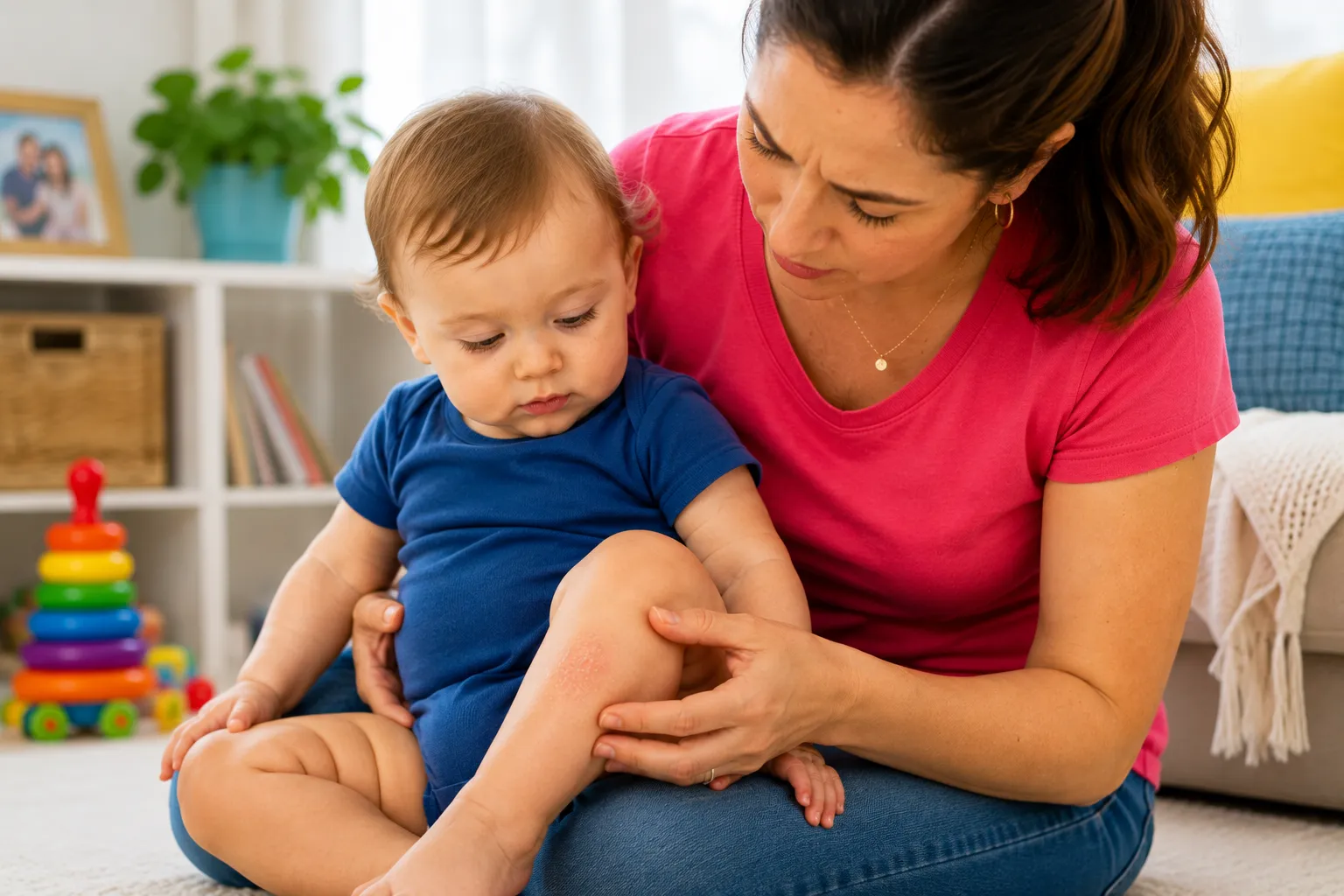 Baby with a recurring dry skin patch for a parent guide about friction, scratching, irritation and eczema prone skin
