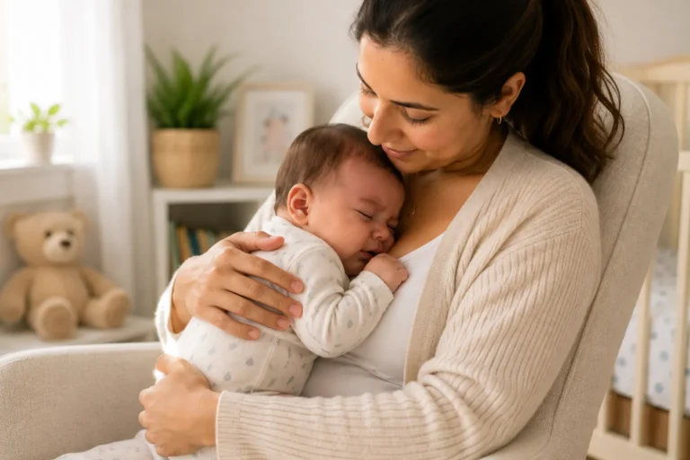 Baby sitting safely in a car seat for a parent guide about heat, friction, sweat and dry itchy skin during car journeys
