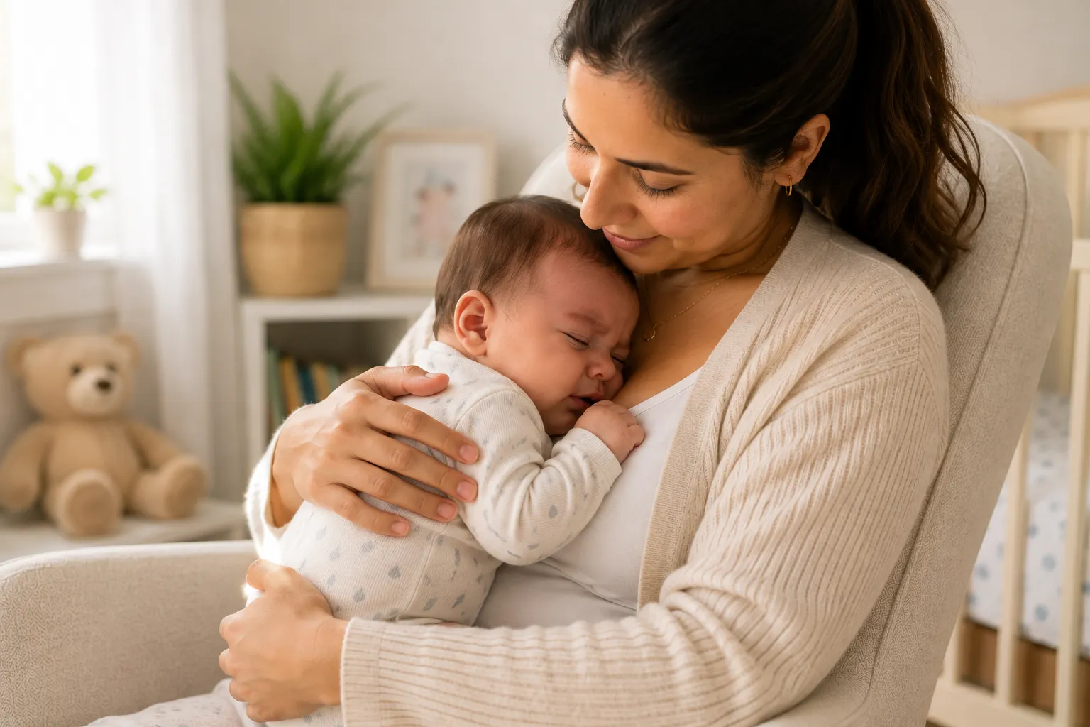 Baby sitting safely in a car seat for a parent guide about heat, friction, sweat and dry itchy skin during car journeys