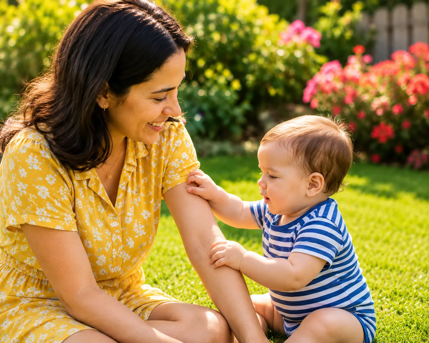Baby outdoors representing itching after exposure to heat, grass, pollen or sweat