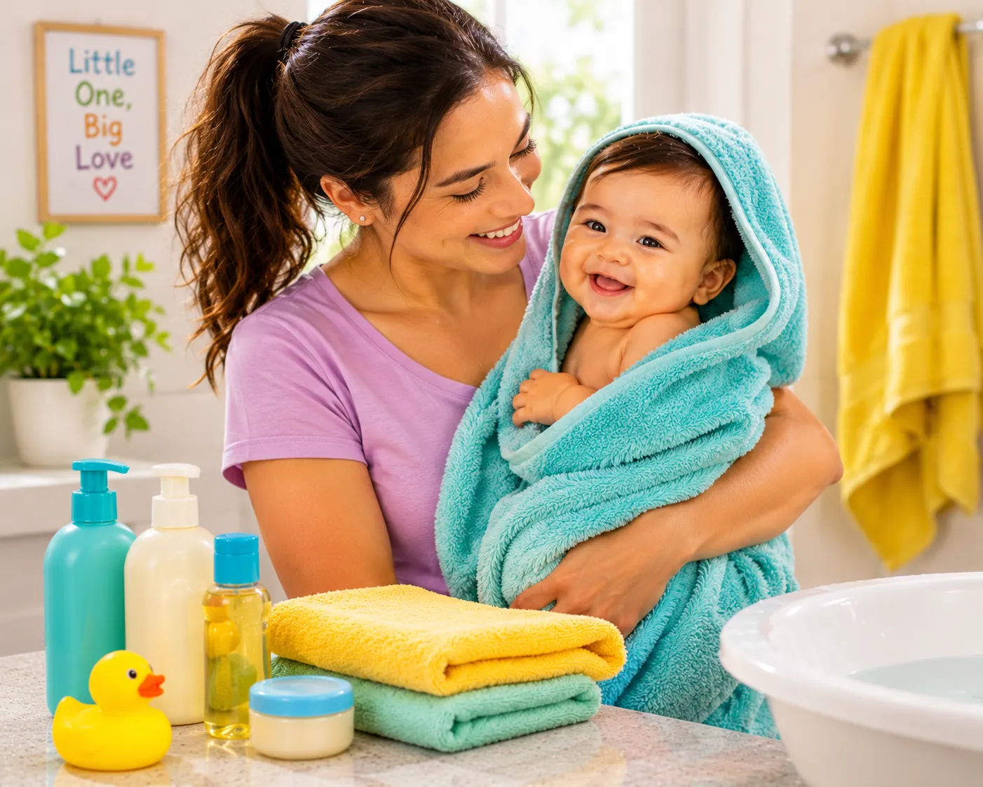 Baby enjoying a gentle bath while parents consider bubble bath for dry, itchy and eczema-prone skin