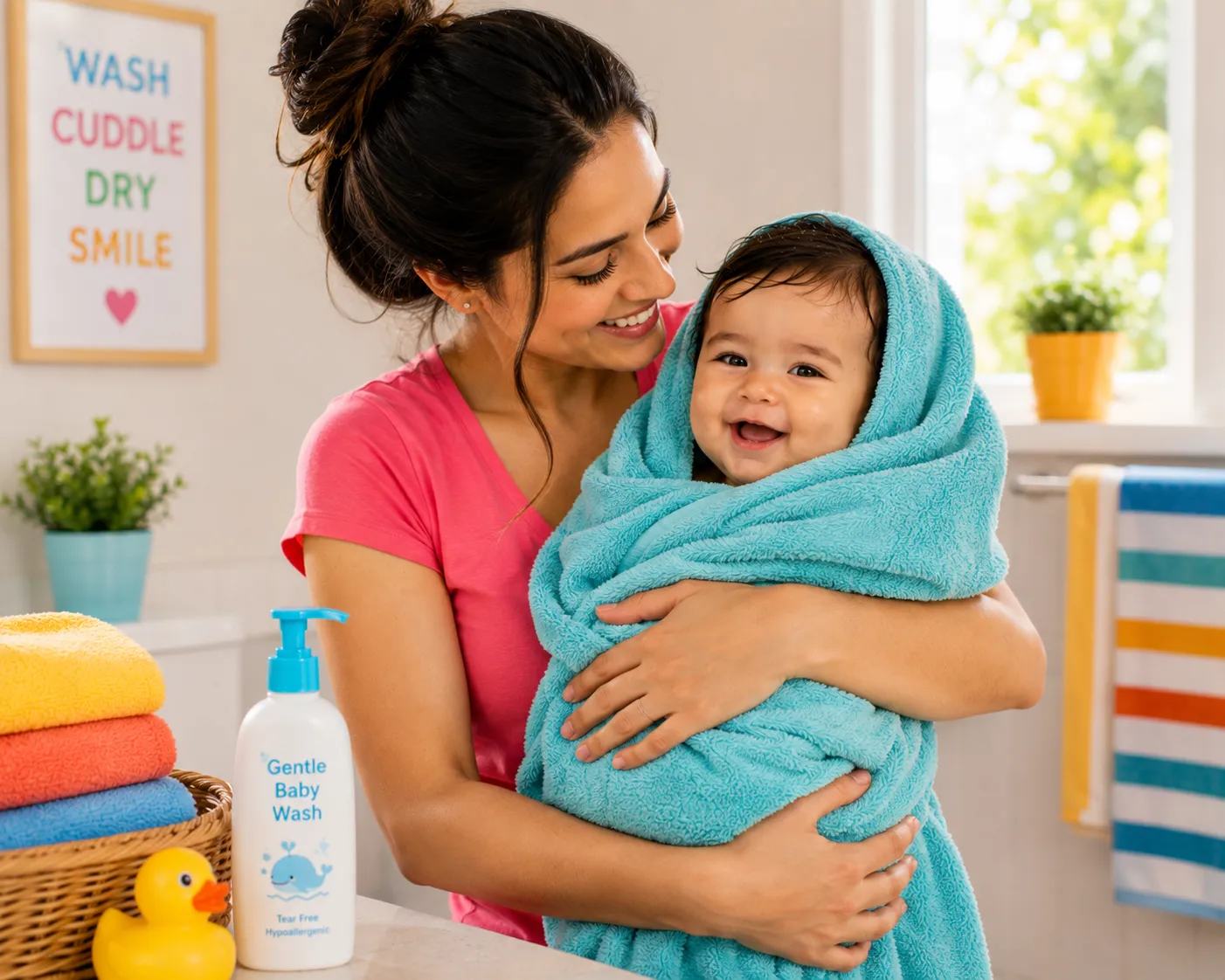 Gently drying a baby with dry, itchy and eczema-prone skin after a bath