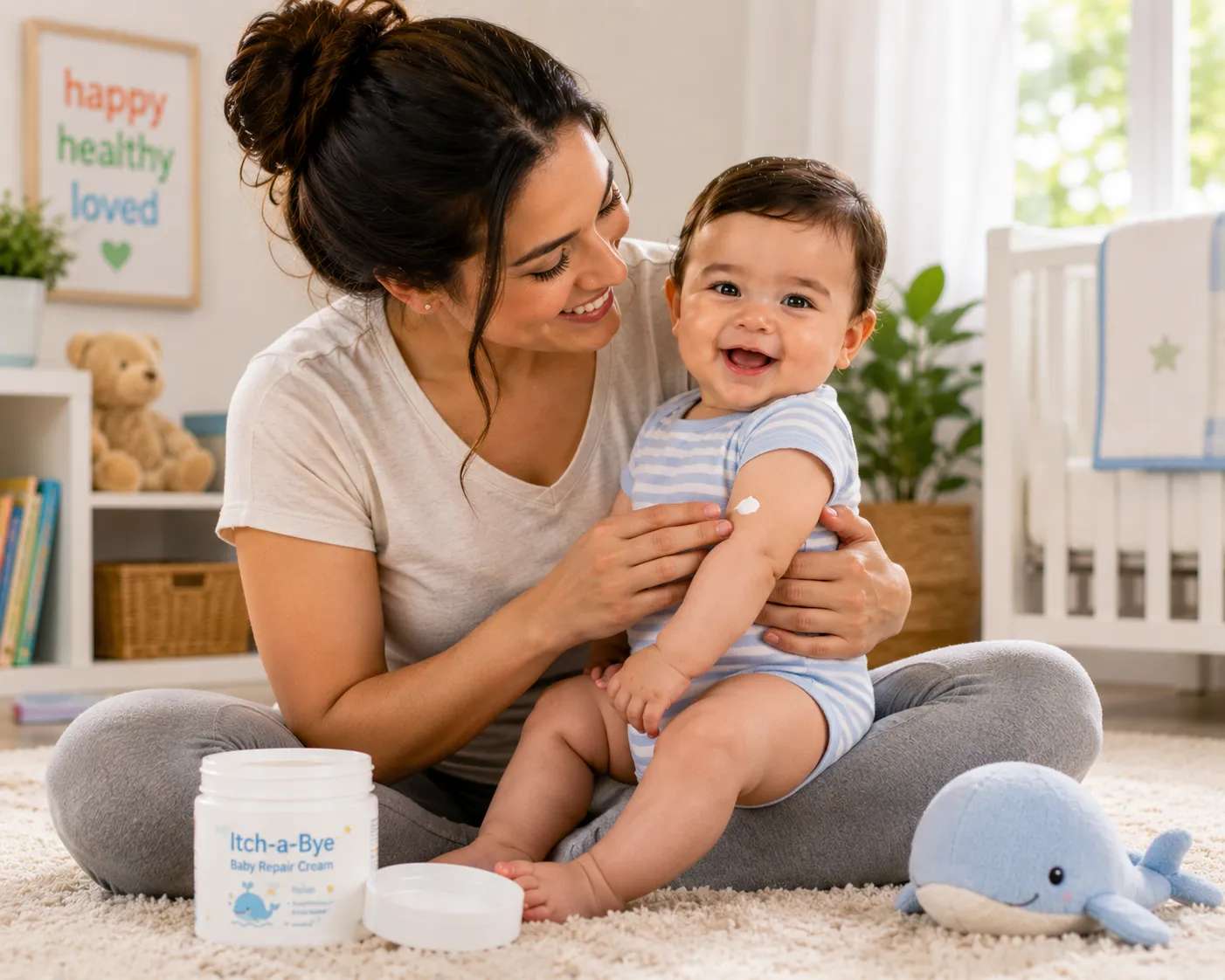 Moisturising a baby's dry, itchy and eczema-prone skin while it is still slightly damp after a bath