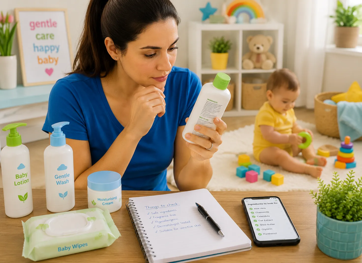Parent reading a baby skincare ingredient list without needing to be a chemist