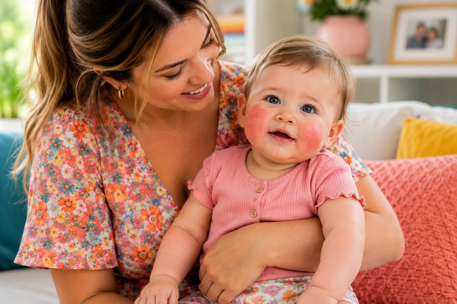 Parent holding a baby for a guide about red, dry and rough baby cheeks