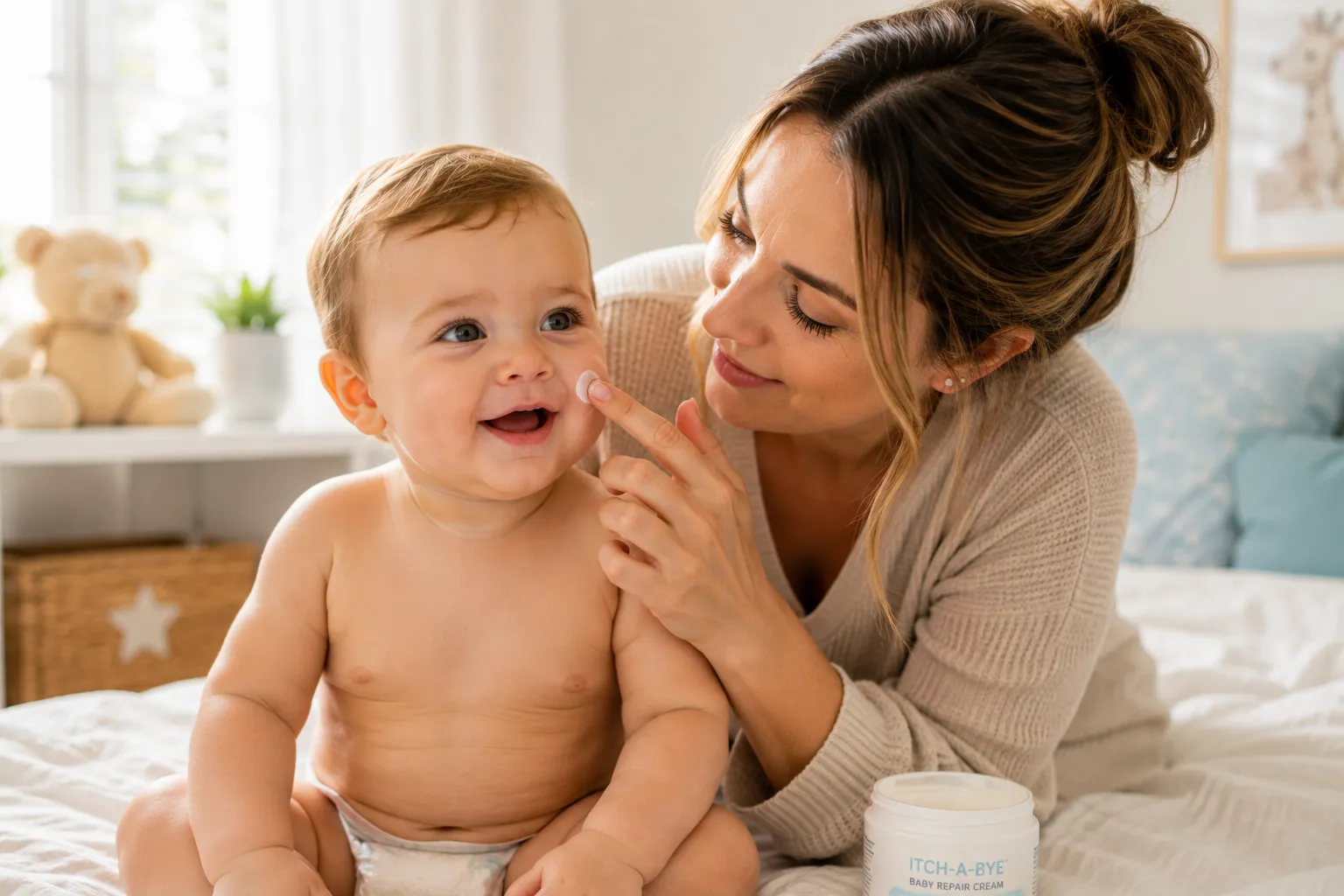 Baby rubbing face on mattress for parent guide about face rubbing, dry itchy skin, tiredness, heat and friction