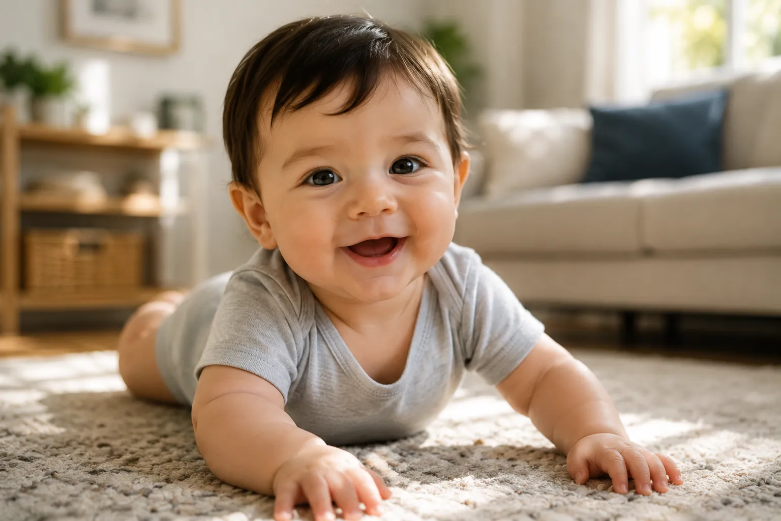 Happy baby in a warm family setting for educational content about dry, itchy and eczema-prone baby skin.