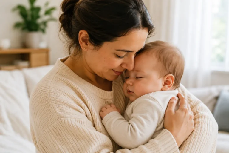 Mother gently comforting her baby, suitable for articles about dry, itchy, irritated and eczema-prone baby skin.