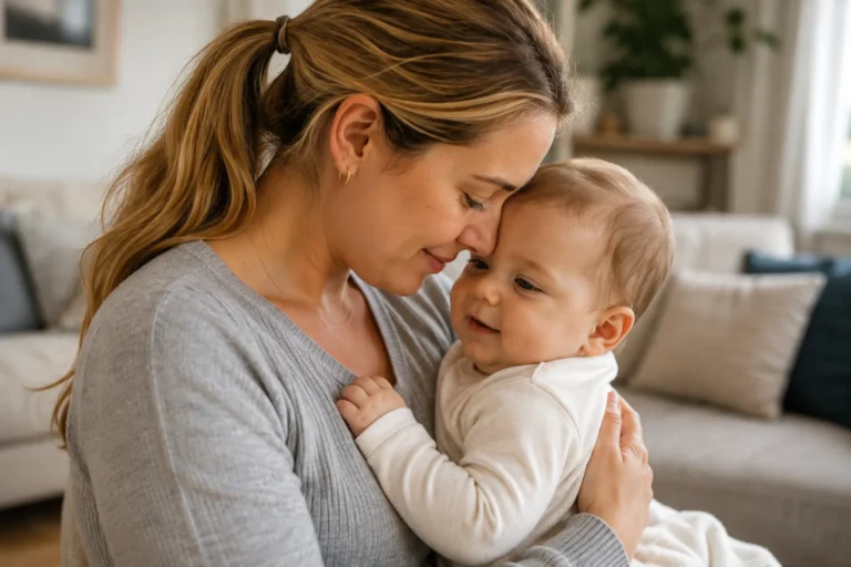 Baby being comforted by a parent in a natural home setting for dry, itchy and eczema-prone skin education.