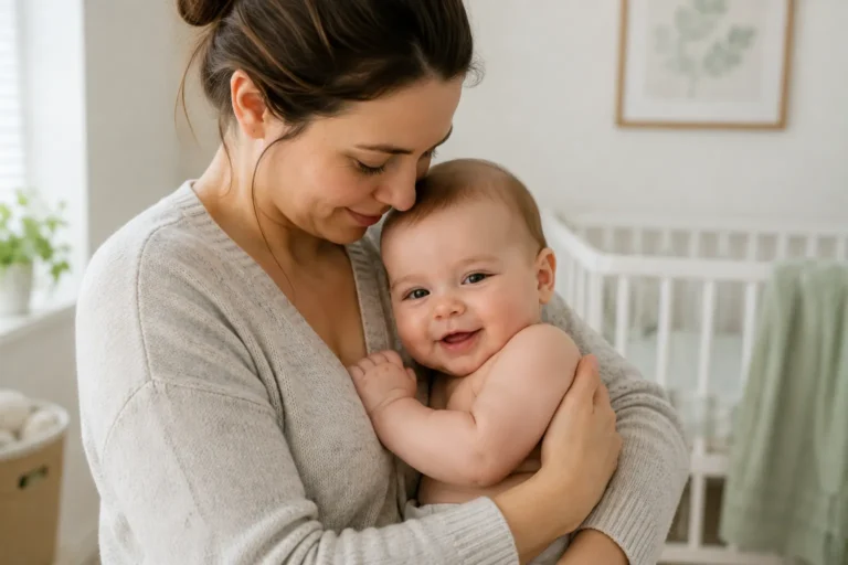 Mother reassuring her baby in a cozy home environment for articles about dry, itchy and irritated baby skin.