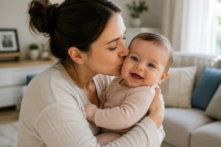 Happy mother and baby together at home, suitable for gentle baby skincare and dry, itchy skin articles.