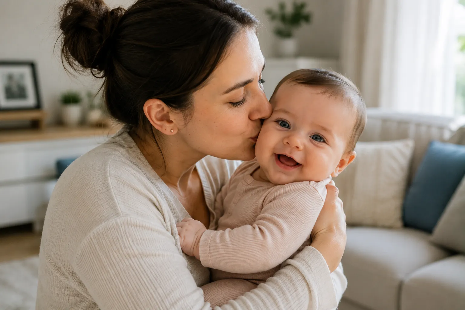 Happy mother and baby together at home, suitable for gentle baby skincare and dry, itchy skin articles.