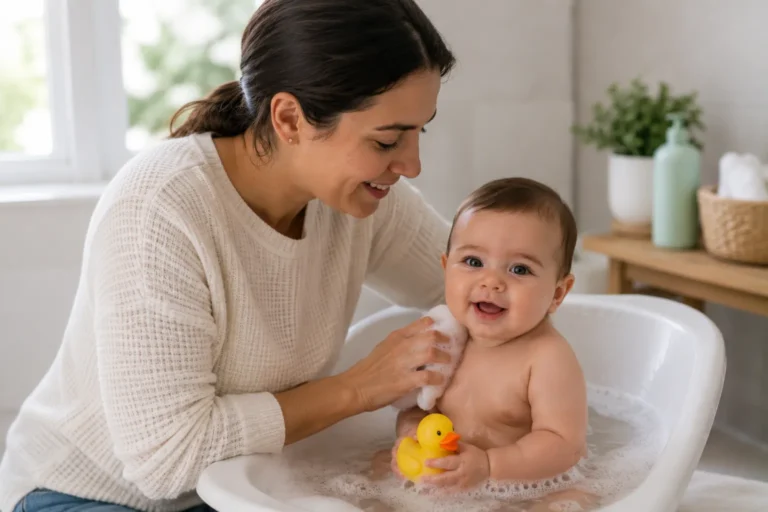Mother comforting her baby at home while caring for recurring dry, itchy and eczema-prone skin.
