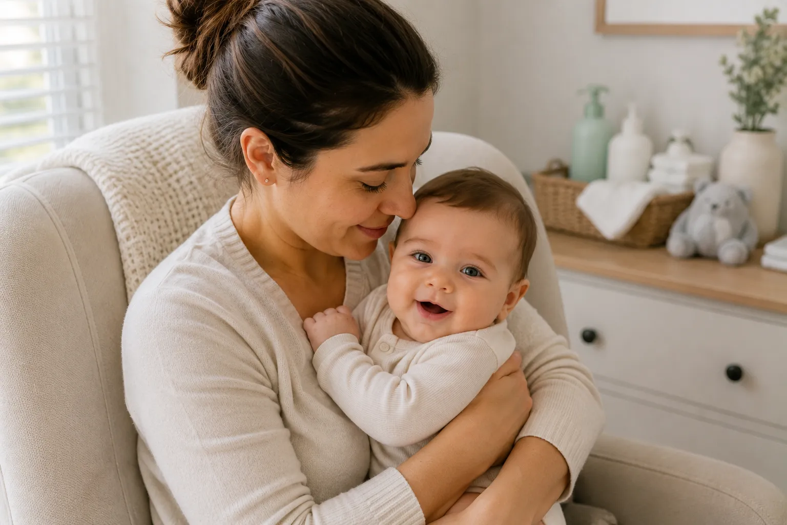 Mother holding her baby at home, illustrating gentle everyday care for dry, itchy and eczema-prone baby skin.