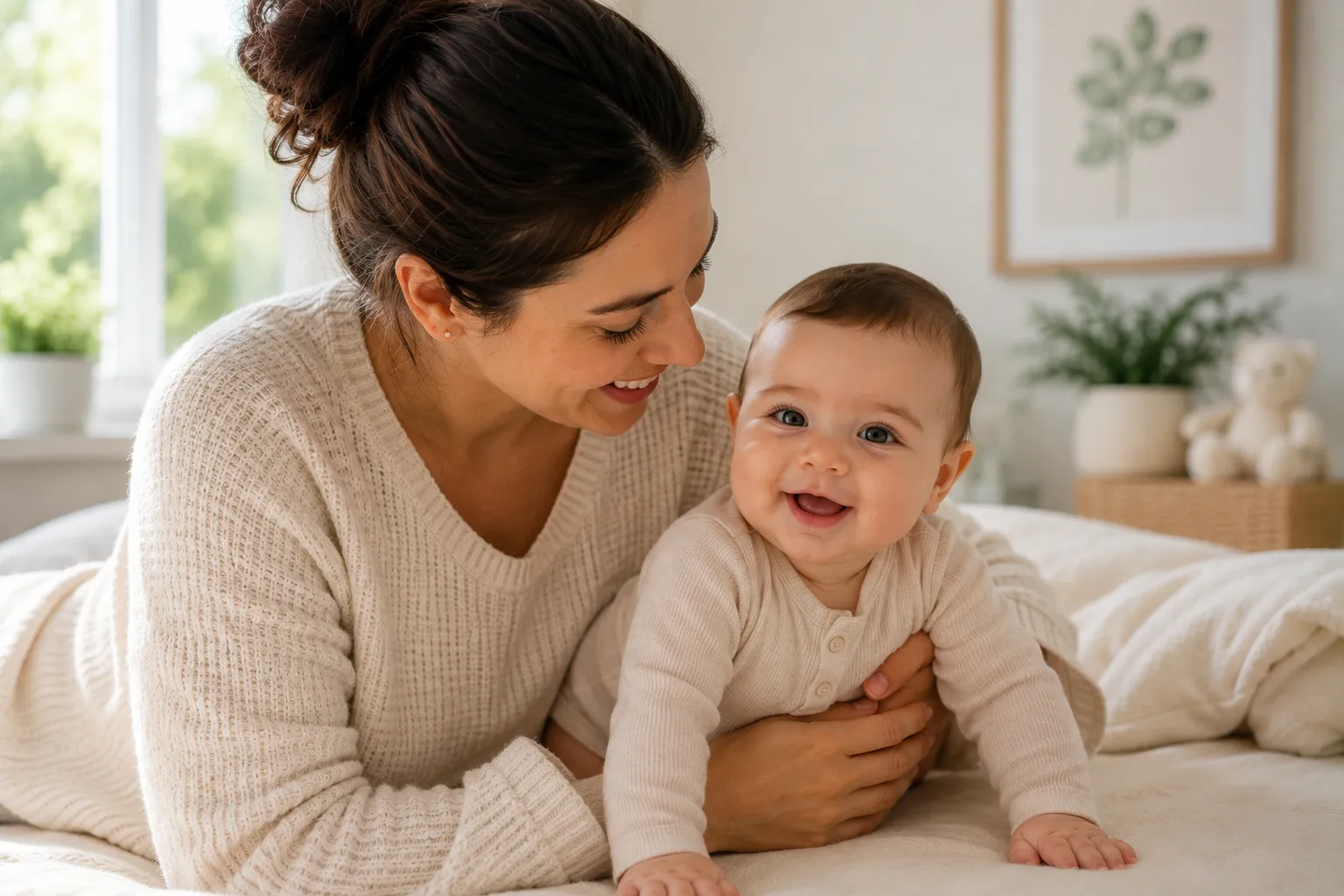 Mother soothing her child during a difficult dry and itchy skin day, representing care for eczema-prone skin.