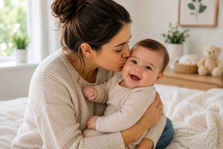 Comfortable baby with a caring parent, representing gentle support for dry, itchy and eczema-prone baby skin.