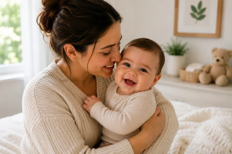 Mother holding and comforting her baby, representing recurring dry, itchy and eczema-prone skin after a flare.