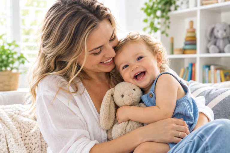 Happy baby with mother in a natural home setting for everyday care of dry, itchy and eczema-prone skin.
