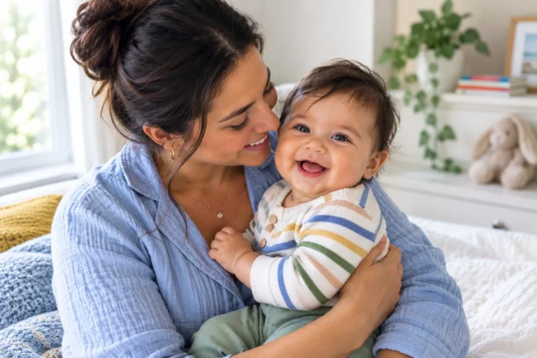 Smiling baby being held by mother at home, representing comfort and gentle care for dry and itchy baby skin.