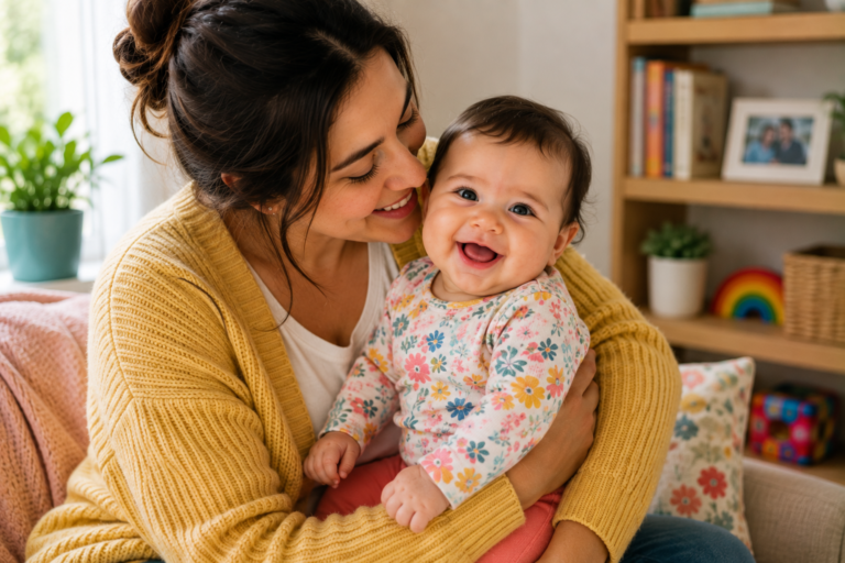 Happy mother cuddling her baby in colourful clothing at home, representing comfortable, cared-for baby skin.
