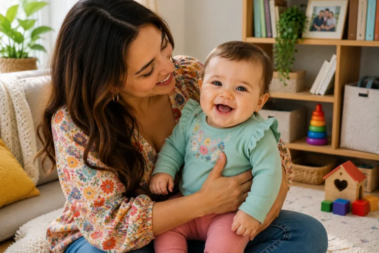 Mother holding a happy baby in colourful clothing, illustrating gentle family care for dry, itchy and irritated skin.