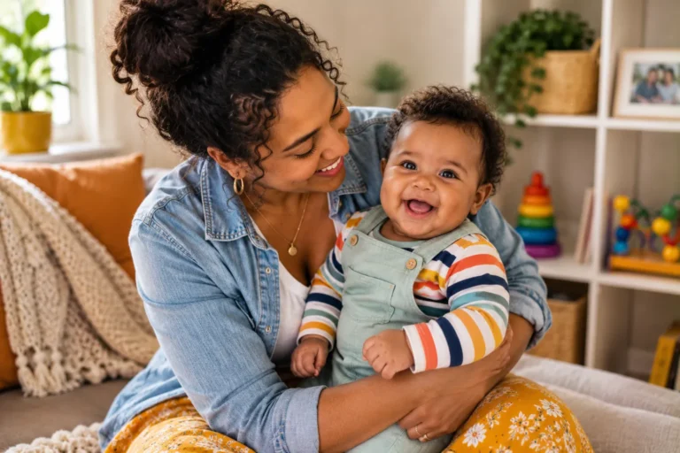 Happy baby cuddled by mother at home, suitable for educational content about dry, itchy and eczema-prone baby skin.