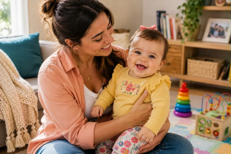 Mother cuddling a happy baby in a bright home setting, representing gentle support for dry, itchy and eczema-prone skin.