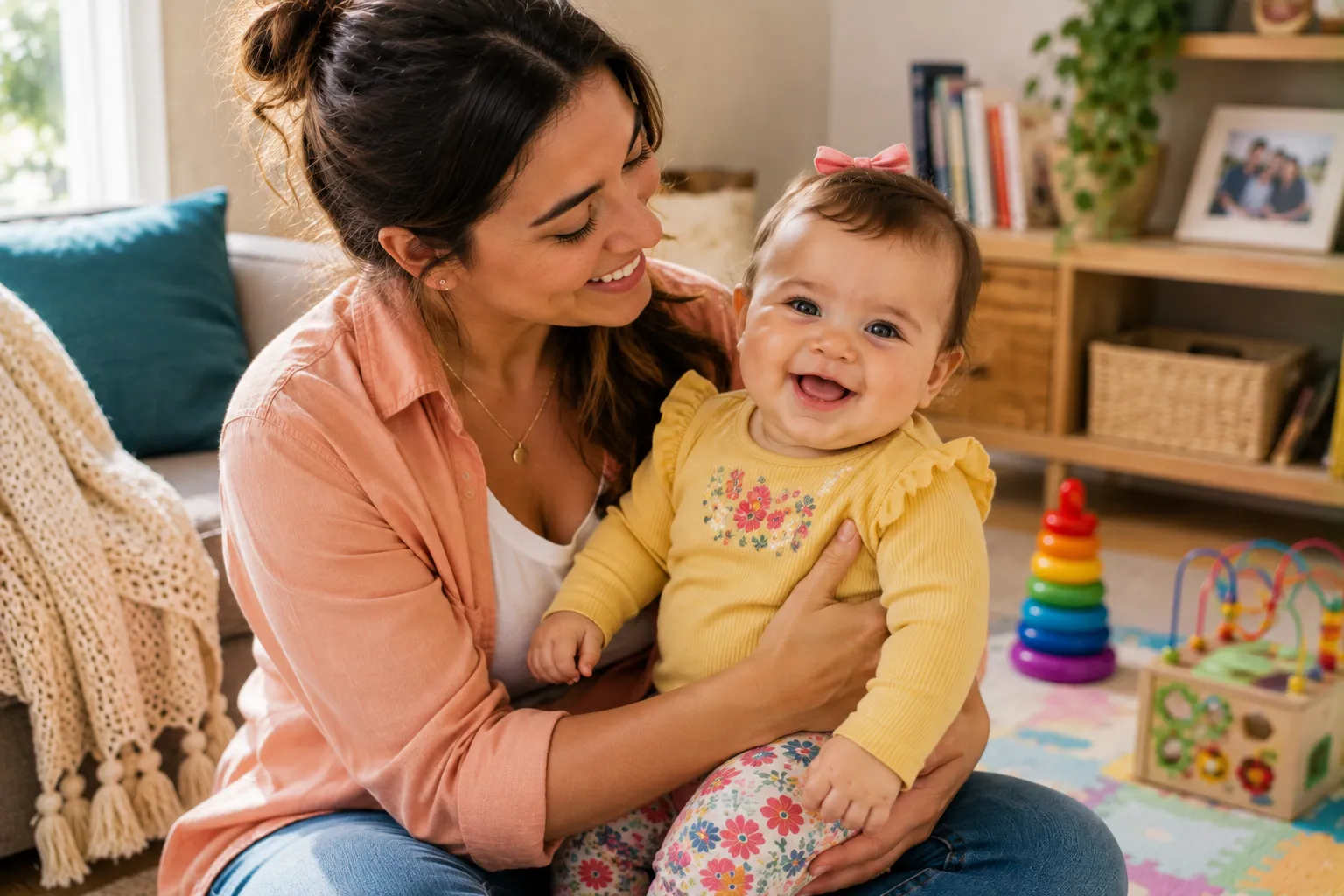 Mother cuddling a happy baby in a bright home setting, representing gentle support for dry, itchy and eczema-prone skin.