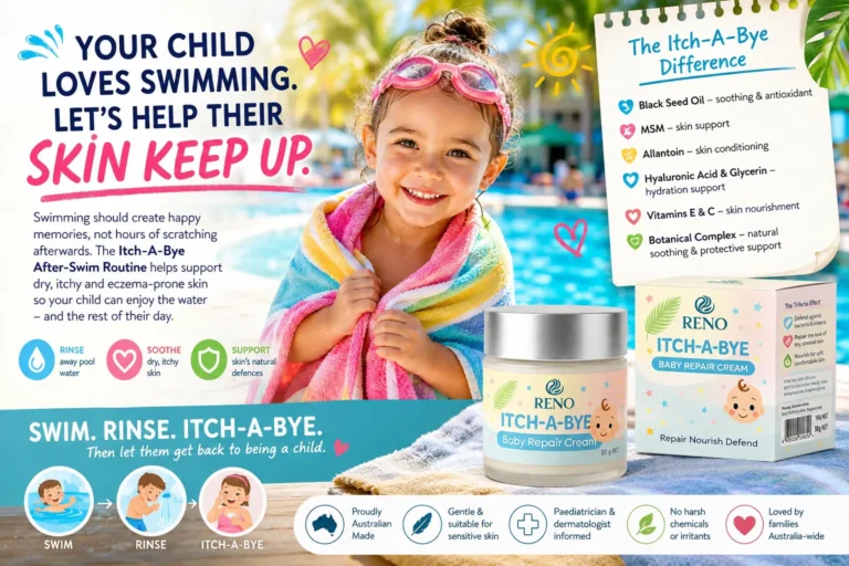 Happy child by a swimming pool with Itch-A-Bye Baby Repair Cream for an after-swim routine for dry itchy eczema-prone skin