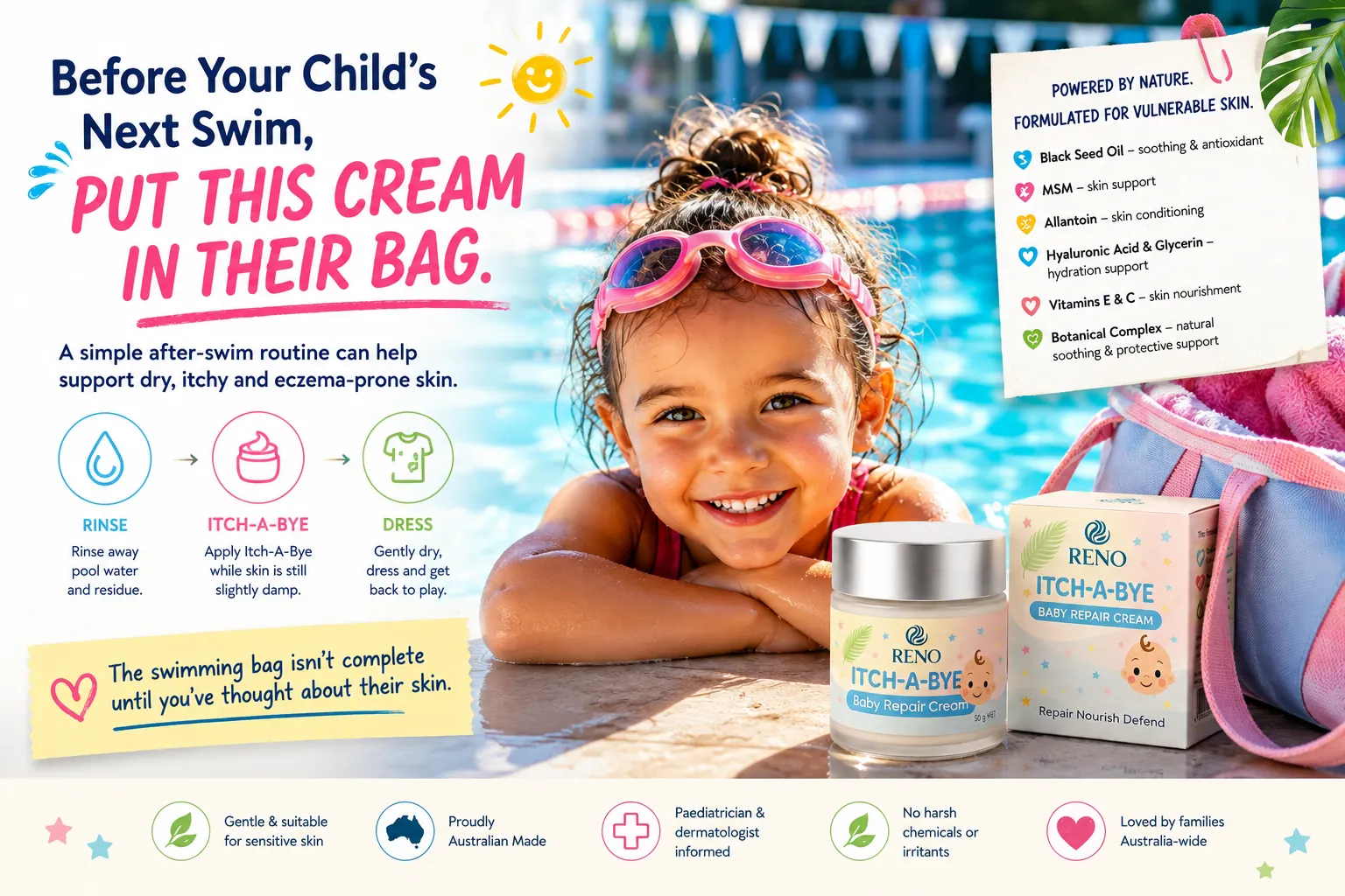 Happy child at a swimming pool with Itch-A-Bye Baby Repair Cream and the rinse, Itch-A-Bye, dress after-swim skincare routine