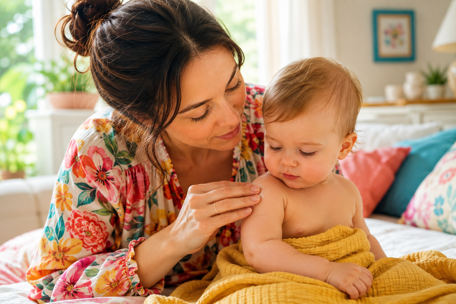 Mother gently comforting her baby while caring for dry itchy and eczema-prone skin