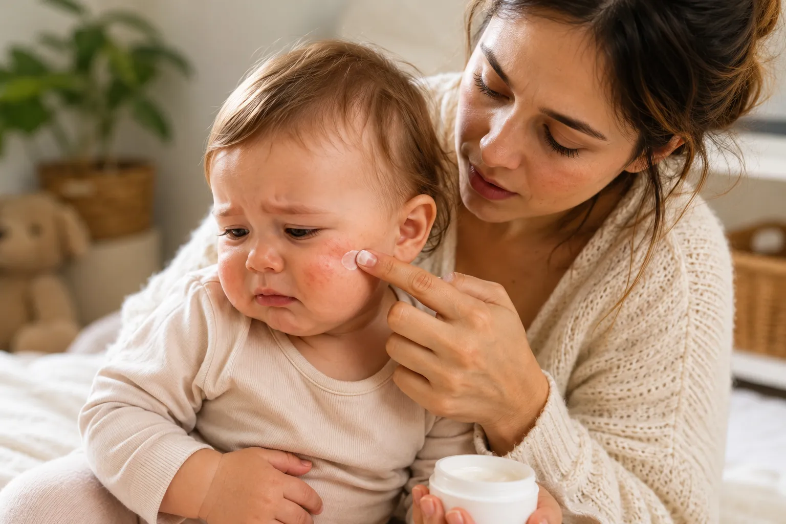 Mother gently applying moisturiser to her baby's dry, red and eczema-prone cheek