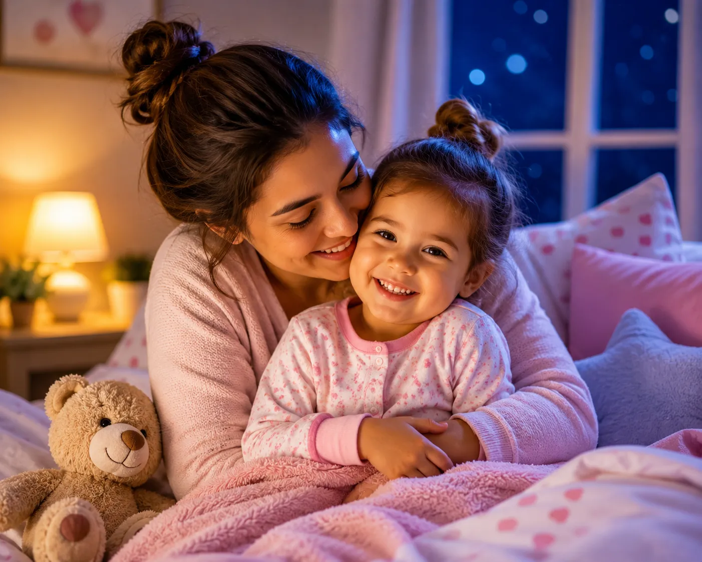 Mother cuddling her young daughter at bedtime in a warm colourful bedroom