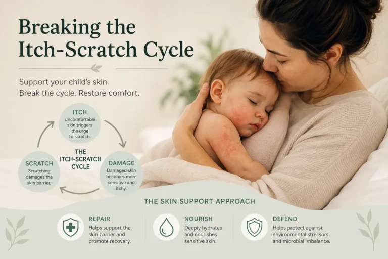 Mother comforting her child with dry itchy eczema-prone skin, illustrating the itch-scratch cycle and Repair Nourish Defend skin support approach