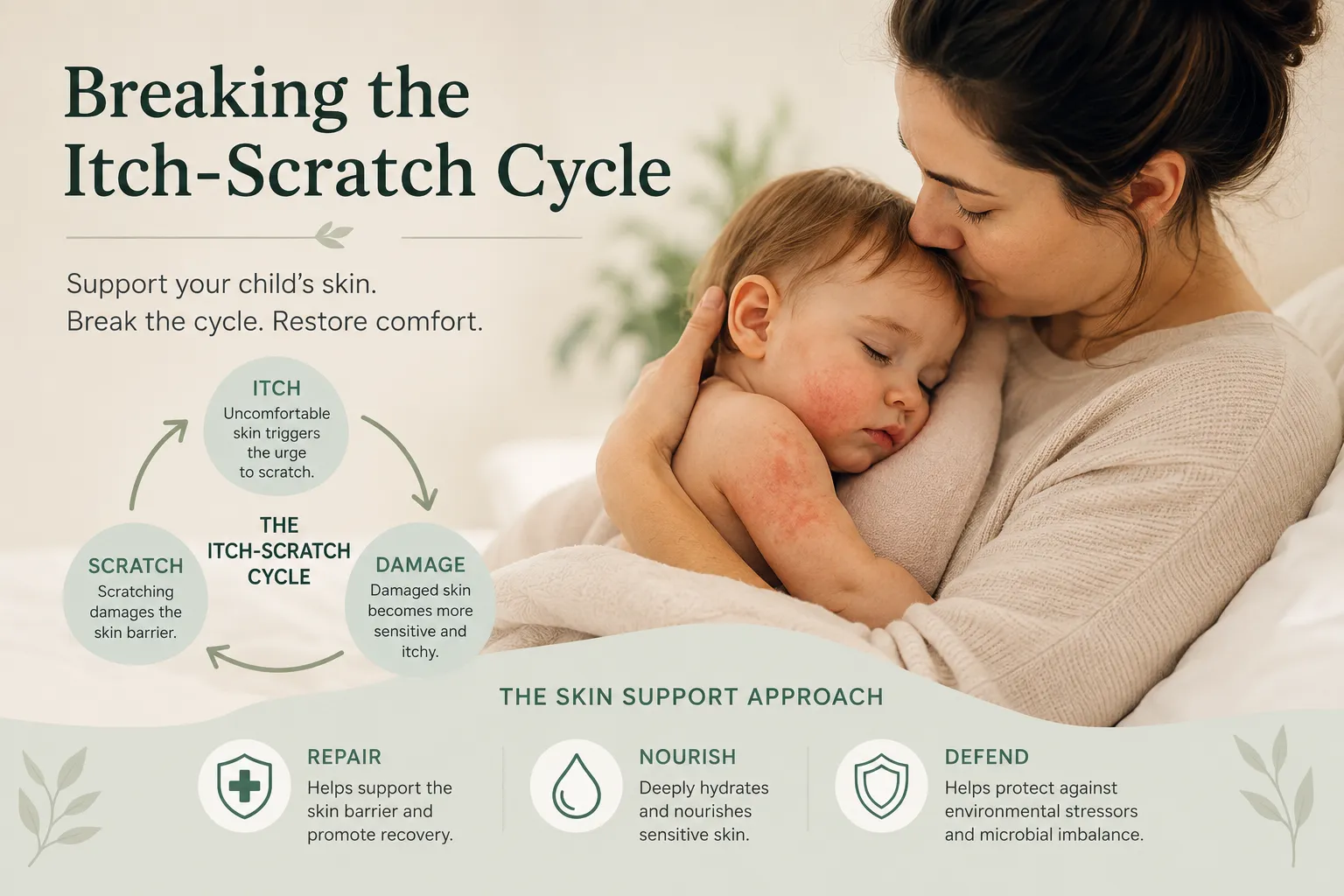 Mother comforting her child with dry itchy eczema-prone skin, illustrating the itch-scratch cycle and Repair Nourish Defend skin support approach