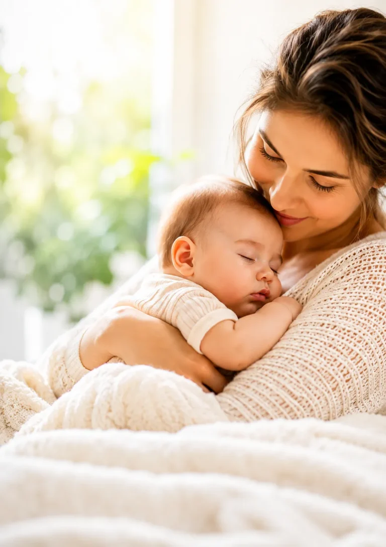 Mother gently holding her sleeping baby in a bright calm home setting
