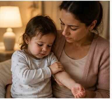 Parent gently applying cream to a young child's skin as part of a calm daily care routine.