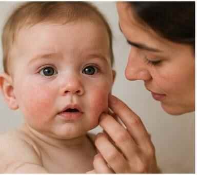 Happy baby relaxing comfortably at home, representing calmer skin and everyday family wellbeing.