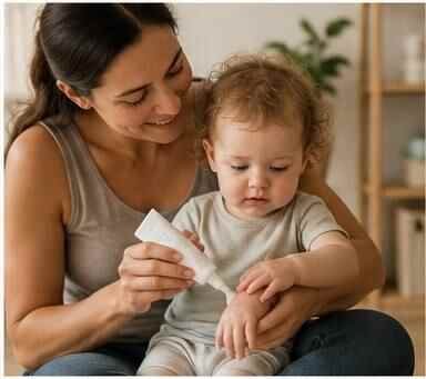 Mother cuddling her baby closely in a warm home setting, reflecting reassurance during dry or itchy skin discomfort.
