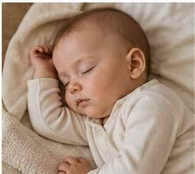 Baby resting comfortably in a soft home environment, suitable for articles about soothing dry, itchy or irritated skin.