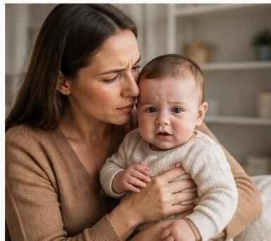 Mother holding and comforting her baby in a gentle lifestyle scene for dry, itchy and eczema-prone skin articles.