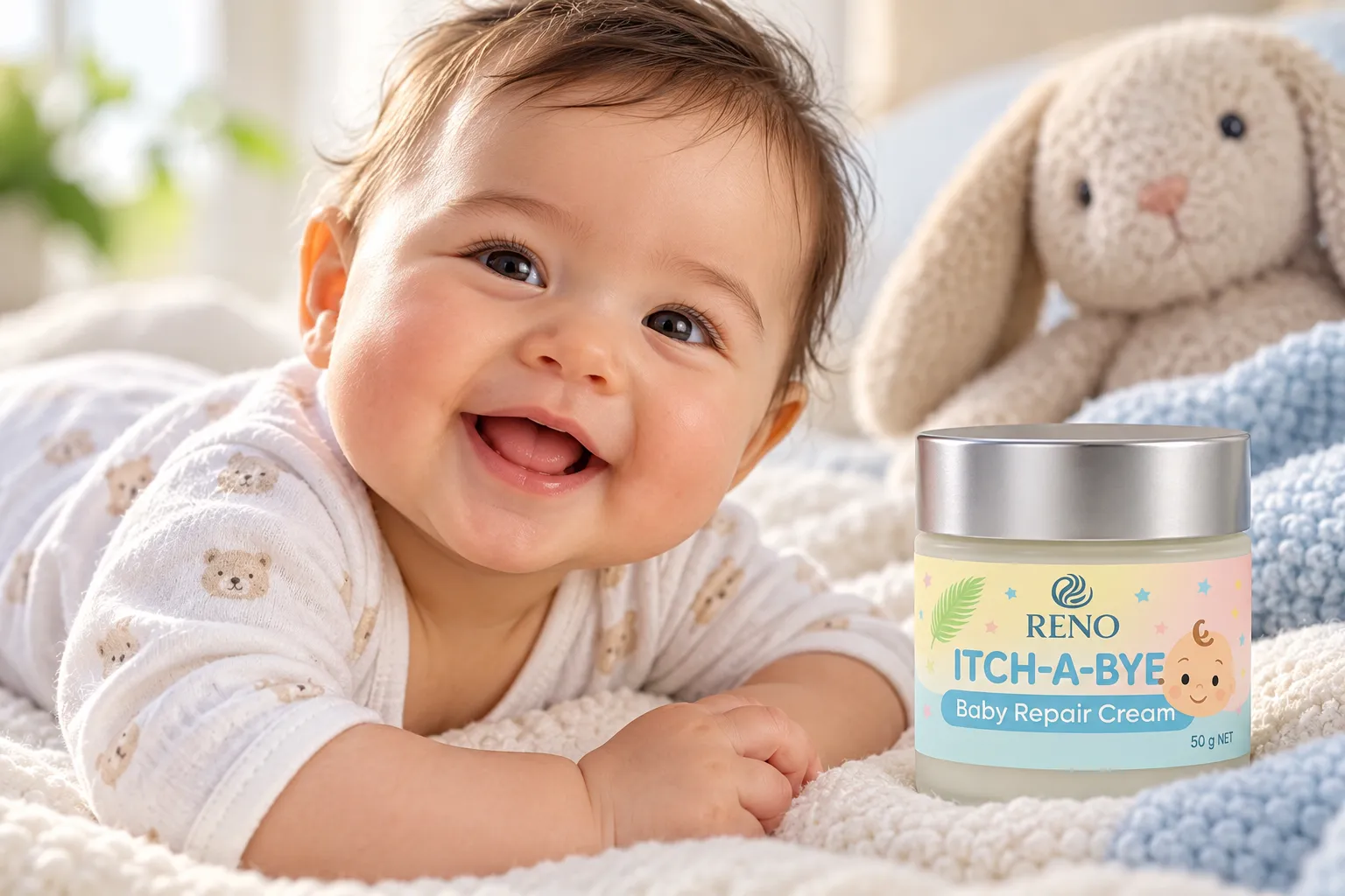 Mother comforting baby with dry itchy irritated skin beside Itch-A-Bye Baby Repair Cream