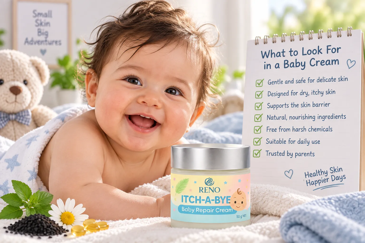 Baby with Itch-A-Bye Baby Repair Cream and checklist for choosing a cream for dry itchy skin